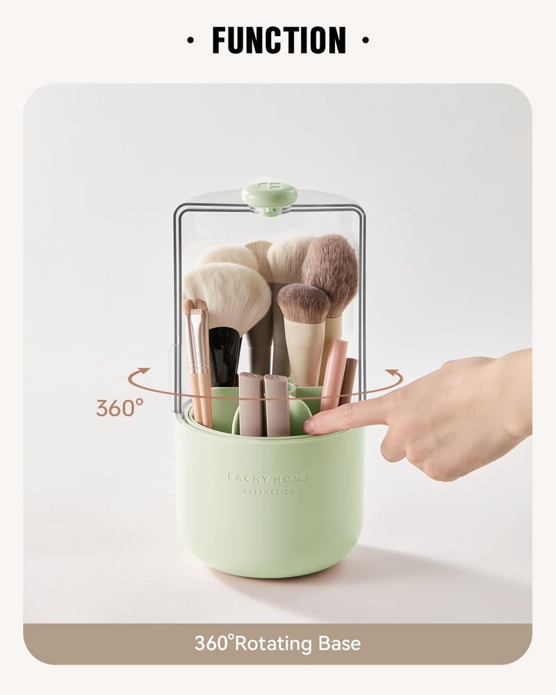 EACHY Makeup Brush Holder 360° Rotating with Dustproof Lid, Waterproof Material, 7 Compartments for Organized Storage, Stylish and Durable Design for Vanity (Green) - Image 4